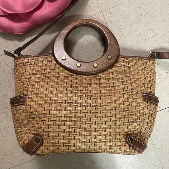 FOSSIL Brown Woven Wicker Handbag w/ Wooden Round‎ Handles Leather Trim Y2K Boho - Picture 2 of 16